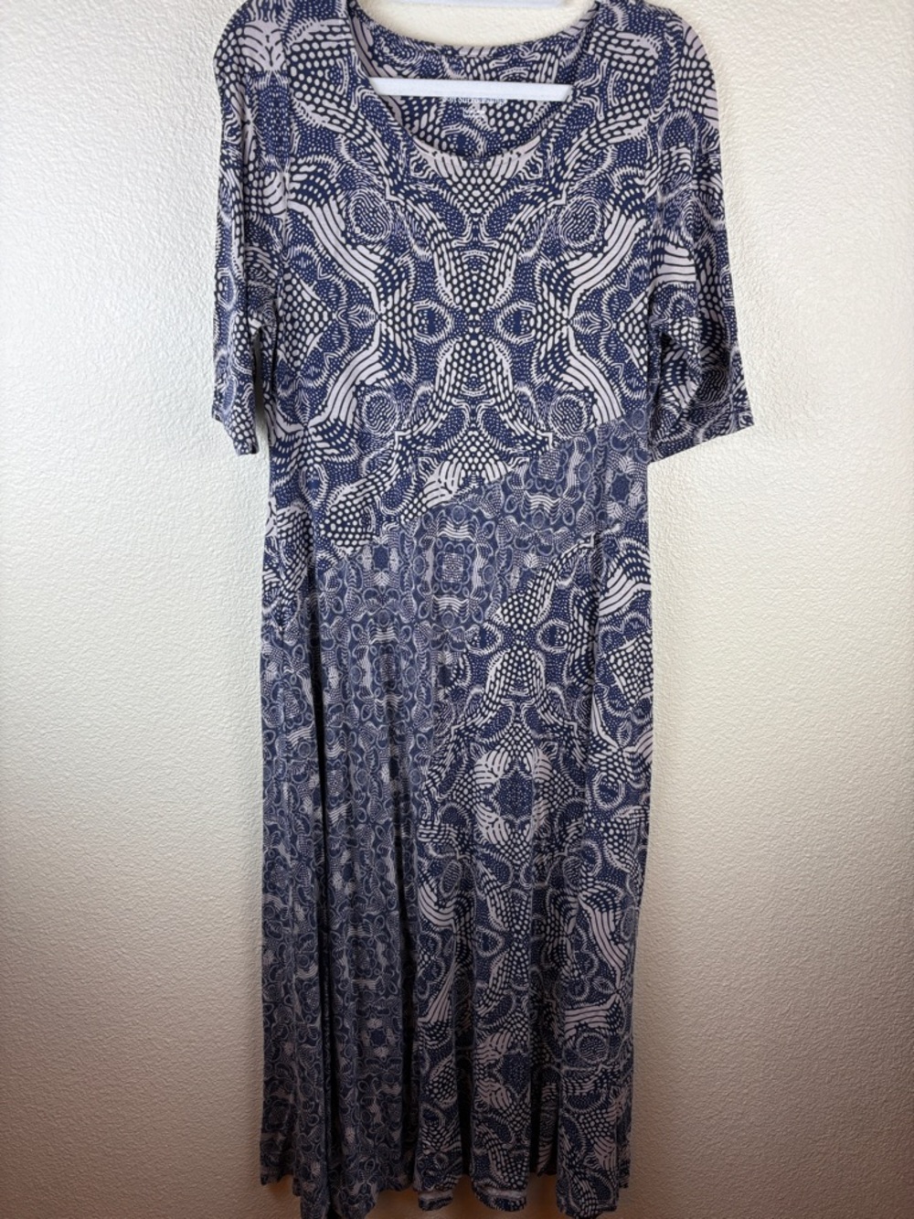 Soft Surroundings Juliette Maxi Dress PL Blue Tan Geometric Boho Knit Jersey
